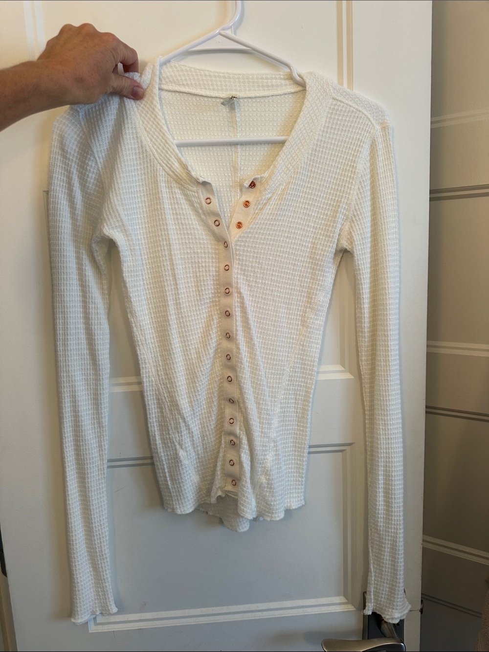 Free People Ivory Waffle Knit Henley Button-Front Long Sleeve